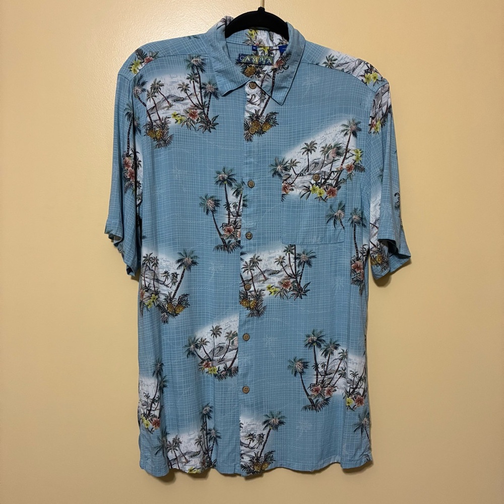 Campia Moda Hawaiian Button Up Shirt Men M Blue Palm Tropical Rayon Short Sleeve